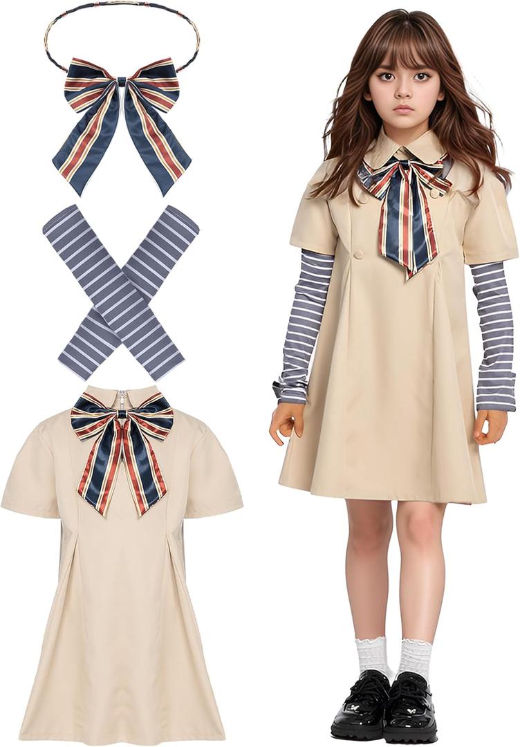 Creepy Doll Costume for Girls with Detachable Sleeves & Bow Tie, Halloween Cosplay Dress + 3-Piece Accessory Set, School Party (L)