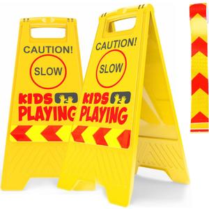 2 Pack Kid Playing Caution Sign - Children Safety Slow Road Yard Sign - Double Sided Sign Bundled with Reflective Tape (Yellow)