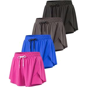 Real Essentials 4 Pack: Womens Flowy Dry Fit Running Short - Spandex Underneath Athletic Workout Gym Shorts (Plus Available) (M)