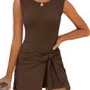 Caracilia Women Summer Sleeveless Bodycon Tie Cinched Waist Romper Skort Mini Dress Built in Shorts Night Out Vacation Dress Dark Coffee Small