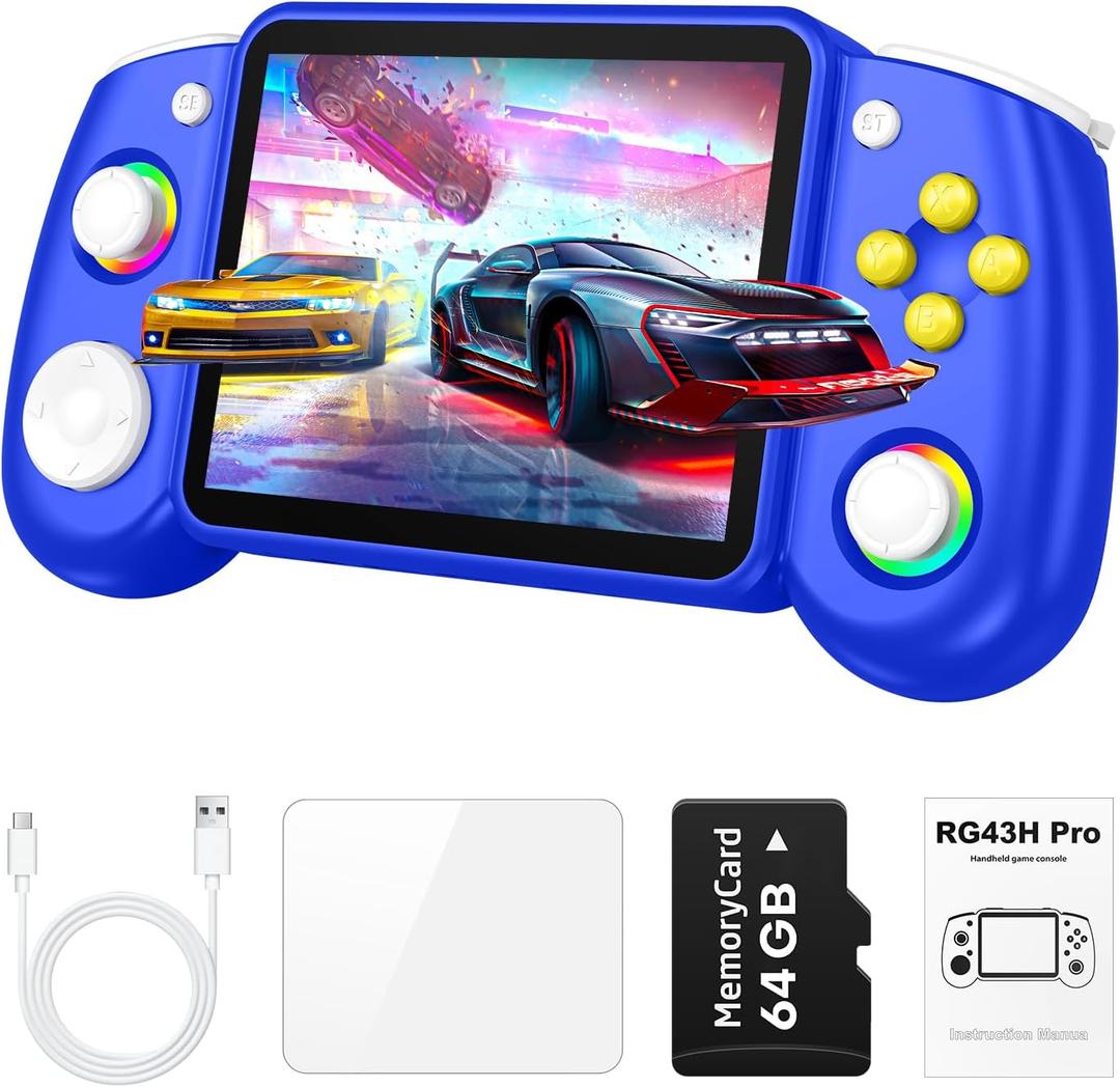 RG43H Pro Retro Handheld Game Console, 4.3 Inch Retro Gaming Console with 4000mAh Battery, RK3562 Opensource Hand Held Games Console, EmuELEC&RGBOX Dual Systems Video Console, HDMI TV Output Blue