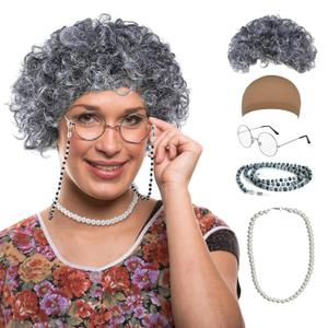 Old Lady Wig Costume Set,Gray Hair Grandma Wig,Granny Costume Set with Hair Cap,Glasses, Glasses Chain and Pearl Necklace, 5 Piece Set