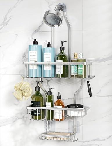 YASONIC Shower Caddy Hanging - Never Rust Shower Organizer - Aluminum Over The Head Caddy with 10 Hooks for Razor/Sponge - Rack with Soap Basket - Silver