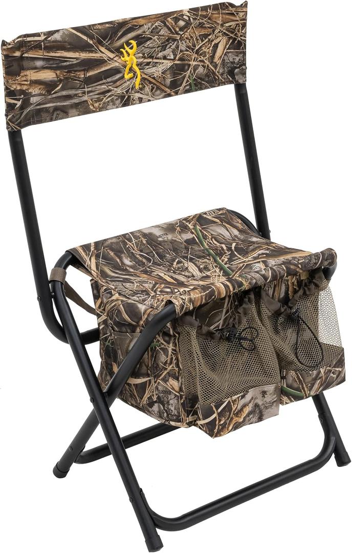 Browning Dove Shooter Hunting Chair - Compact and Foldable Steel Frame with Realtree Camo, Extra-Wide Seat, Insulated Cooler Bag, and Decoy, Shell Pockets