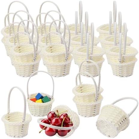 Geytetqi 10 PCS White Mini Wicker Baskets with Handles, 3.54 Inch Tiny Woven Storage baskets Small Woven Rattan Baskets with Handle for Picnics, Wedding Deco, Party Favors, Gift, Garden Deco(Round)