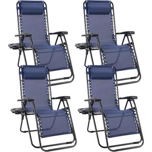 Sweetcrispy Zero Gravity Chairs, Set of 4 Portable Recliner Beach Camping Patio Outdoor Folding Lounge Chair with Cup Holder Trays and Adjustable Pillow for Poolside, Garden, Backyard, Lawn (Blue)