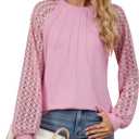 Women's Lace Long Sleeve Tops Rayon Blend Dressy Casual Blouses Pleated Work Shirts (Medium, Pink)