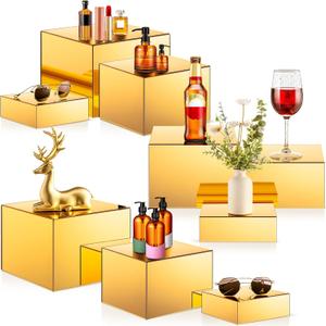 Suzile 9 Pcs Acrylic Buffet Risers Display Box Cube 5 Sided Food Riser Table Stand for Display with Hollow Bottoms for Party,3 Size(Gold)