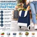 Rolling Shopping Cart with Wheels, Foldable Grocery Trolley Bag, Navy