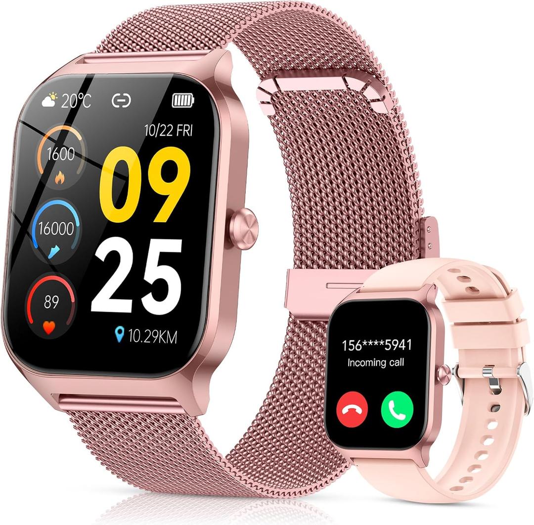 CASCHO Smart Watch for Women (2 Bands), Bluetooth Call Smartwatch with AI Voice,1.85" HD Fitness Watch,Heart Rate/SpO2/Steps/Sleep Monitor,120+ Sports Modes,Smart Watches for Android iOS-Rose Gold