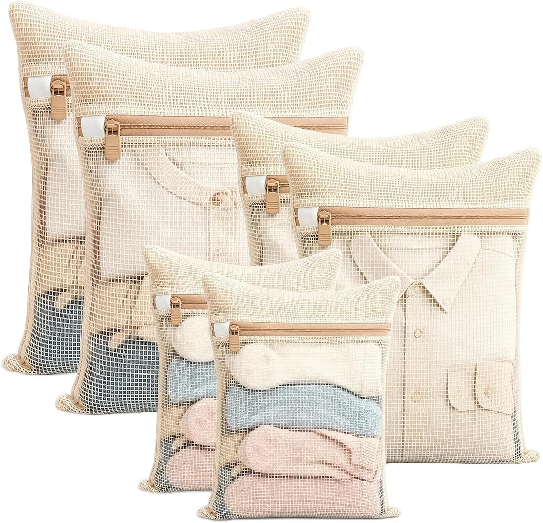 6 Pack Cotton Mesh Laundry Bag, Beige Wash Bags with Sturdy Zippers, Breathable Cotton Wash Bags for Underwear, Clothes, Pants, Socks (3 Assorted Sizes)