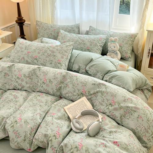 Jolusere Comforter Set Queen 3 Piecess Green Pink Floral Bedding Set for Girls Kids Colorful Botanical Flower Bedding Soft Breathable Microfiber Sage Green Comforter with 2 Pillowcases