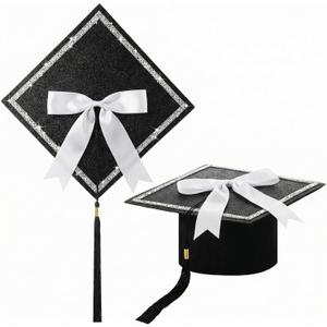 Dunzoom Black DIY Graduation Cap Decorations Kit Rhinestone Grad Cap Topper with Tassel White Bow Glitter Graduation Hat for Class of 2026 Graduate Ceremony Adult Grad Party Gift Art Craft