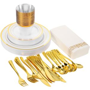 25 Sets Festive Tableware Gold Plastic Dinnerware Including Plates Cups Napkins Cutlery for Parties Weddings Birthdays Elegant Dining for Guests