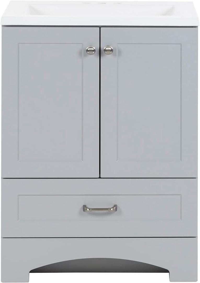 Spring Mill Cabinets Emlyn 24 Inch Bathroom Vanity with White Single Sink Top, 2-Door Cabinet, 1 Drawer, 24.5" W x 18.75" D x 32.89" H, Pearl Gray