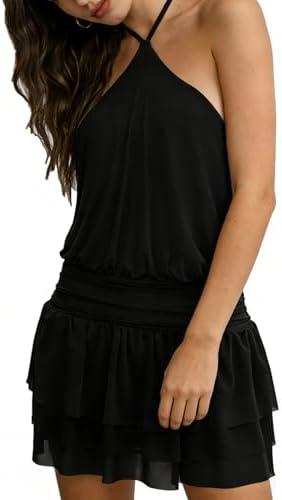 Misng Halter Mini Dress Mesh Party Sleeveless Open Back Dress Summer Grad Short Ruffle Going Out Dress, Size M