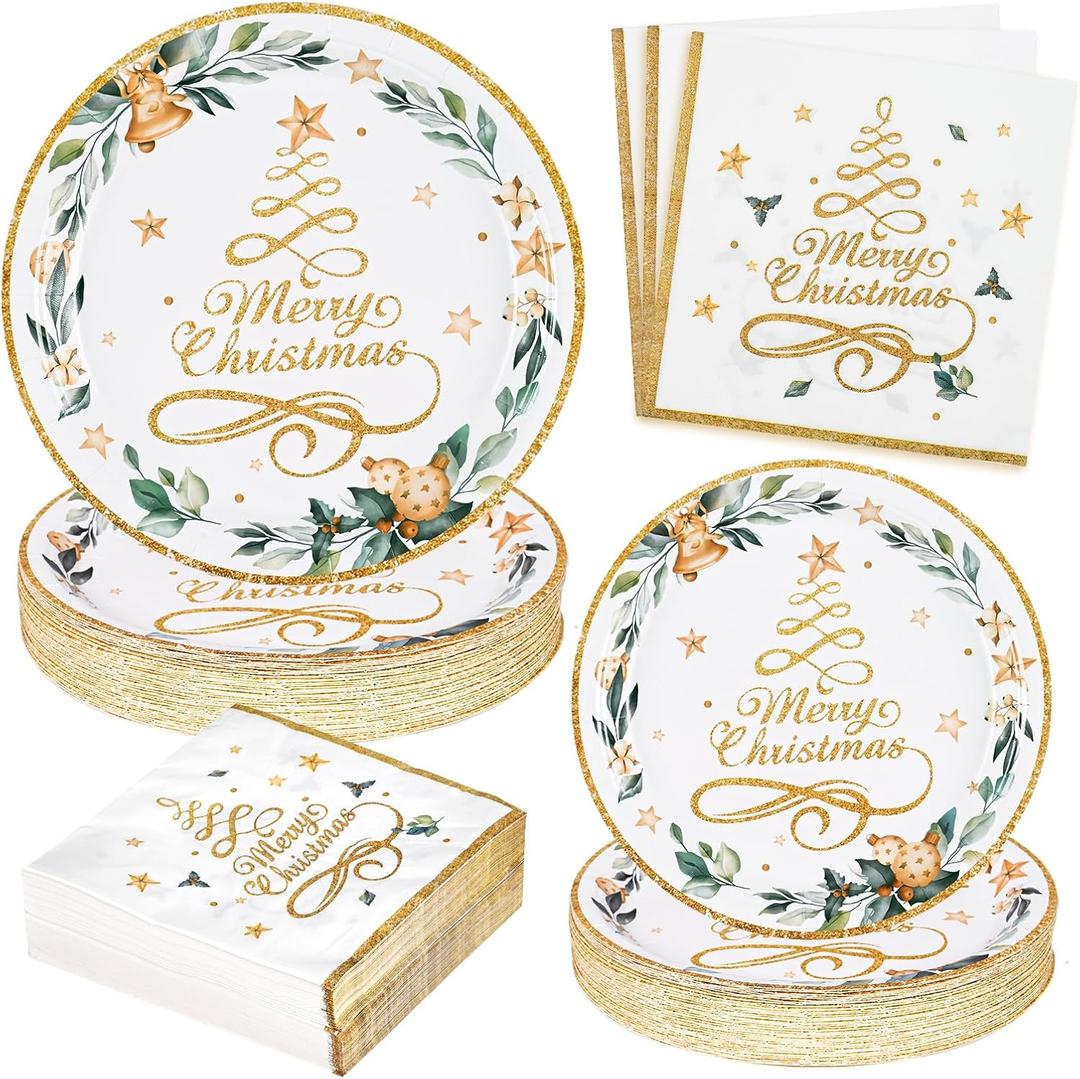 Homlouue 200 Pcs Christmas Paper Plates and Napkins, Christmas Tree Gold Plates and Napkins Disposable, Christmas Dinner Plates and Napkins Serve 50 Guest, Christmas Party Table Decorations