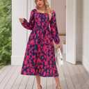 Women's Long Sleeve Button Decor Dress Boho Flowy Square Neck Maxi Dress 2025 Fall Casual Trendy Dresses (XL)