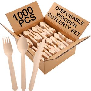 1000 Pieces Disposable Wooden Cutlery Set Include 300 Spoons 400 Forks 300 Knives Compostable Disposable Utensils Knives Forks Spoons Set for Wedding Party Camping
