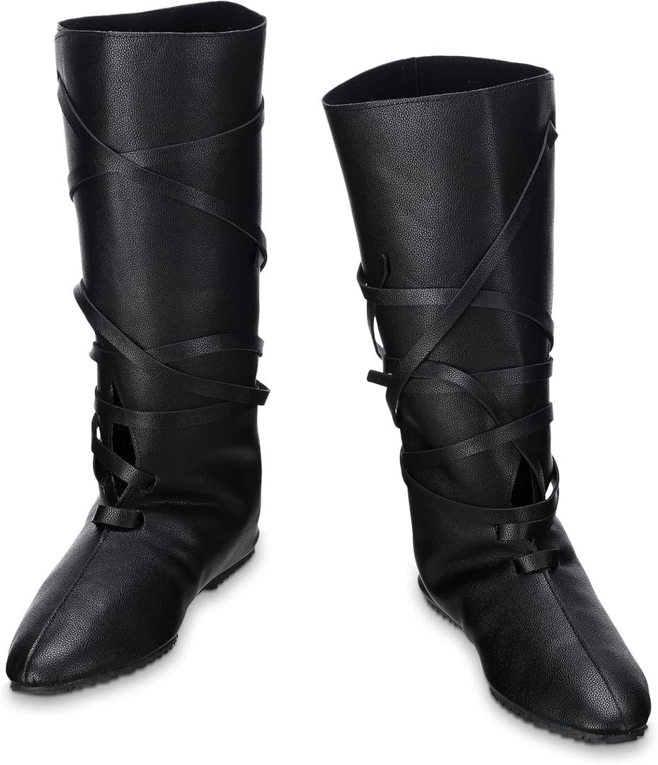Blosssound Men's Medieval Halloween Boots Renaissance Cosplay Halloween Boots Black Faux Leather Lace Up Shoes (US 11)