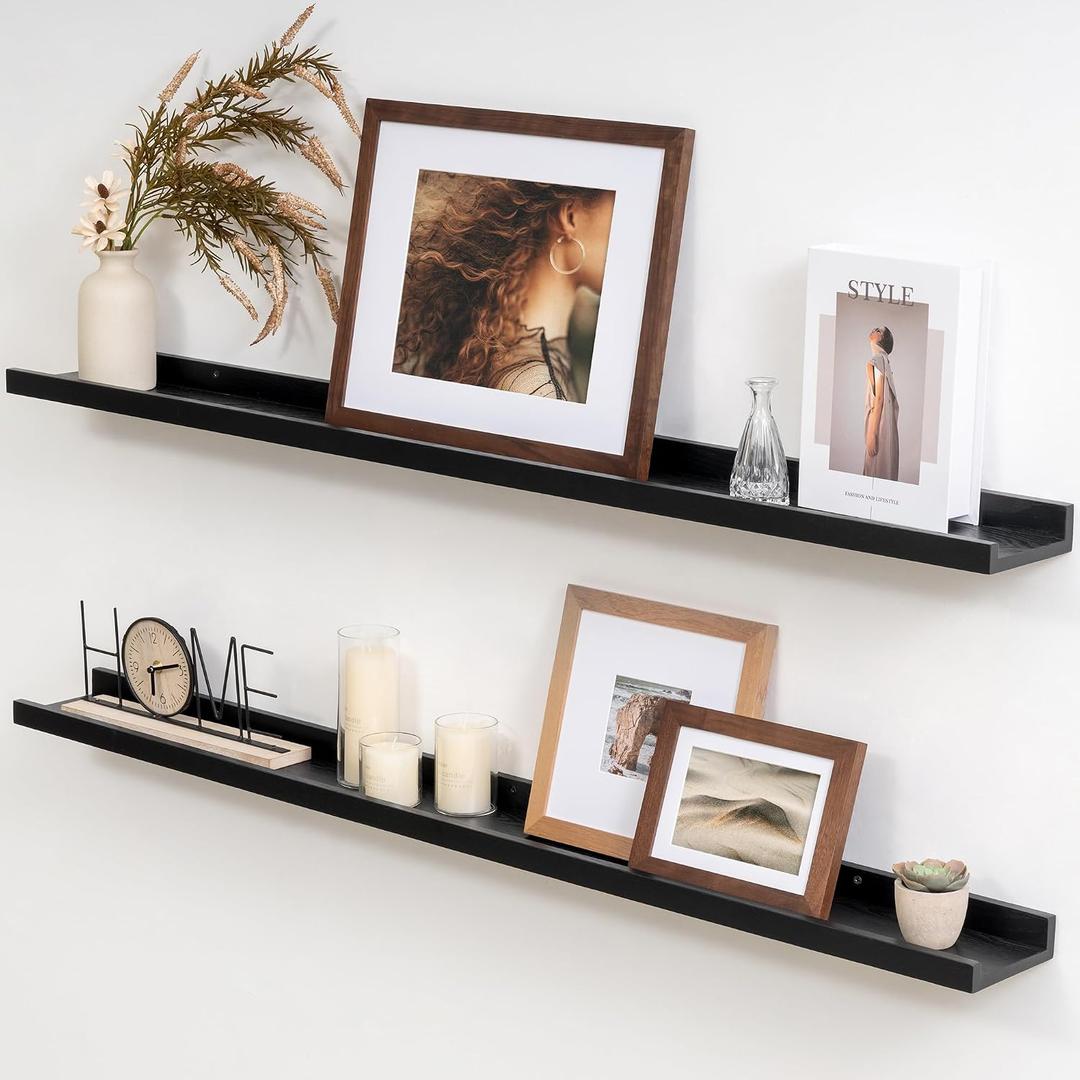 Solid Oak Wood Picture Ledge Shelf, 36 Inch, Black, Set of 2