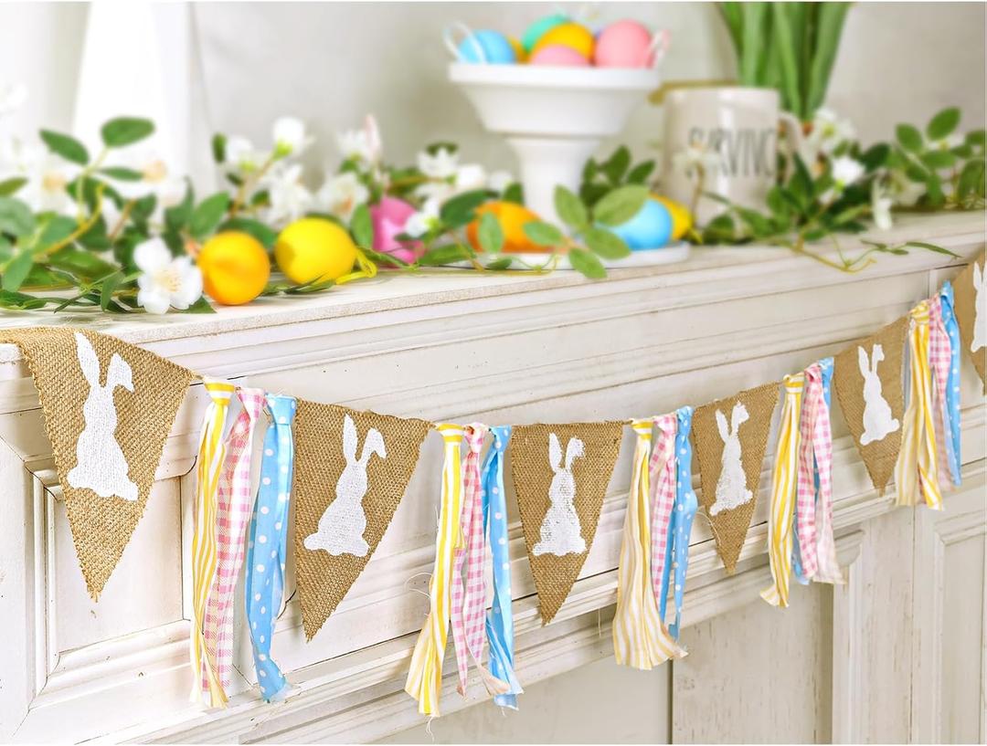 Bunny Chorus Easter Bunny Garland: Rustic White Rabbit Silhouettes, Pennant Banner Flags, Polyester Material, Perfect for Home, Office, Parties & Events