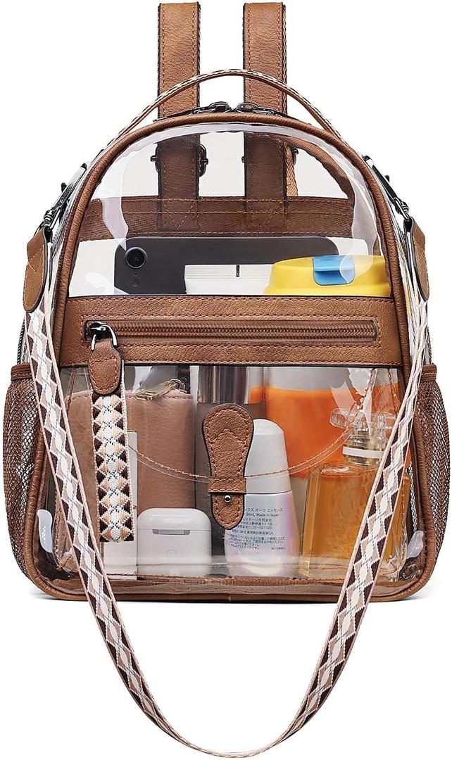 FADEON Clear Small Backpack Purse for Women, Designer Transparent Shoulder Handbag, PVC Mini Clear Bag for Stadium Approved
