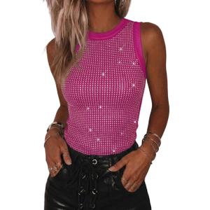 CHICME Women's Studded Sleeveless Knit Tank Top Slim Fit Ribbed Top Y2K Party Going Out Tops, Large