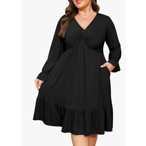 Women's Plus Size Dress Spring Summer Casual Long Sleeve V Neck Twist Knot Front Flowy Dress, 2XL