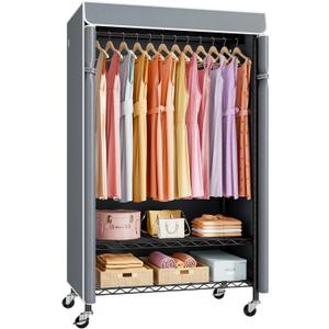 P6C Rolling Clothes Rack with Cover, Covered Clothing Racks Heavy Duty, Portable Closet for Hanging Clothes, Garment Racks on Wheels, Black Closet Rack with Gray Cover, Max Load 365LBS