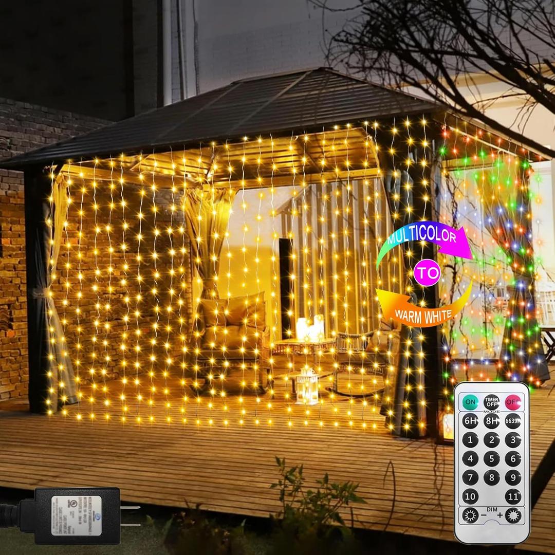 ZAIYW Curtain Lights 600 LED 20Ftx10Ft, Dual Color Changing Curtain Fairy Light Connectable with Timer Remote Waterproof for Bedroom Wedding Party Garden Outdoor Decor (Warm White & Multicolor)