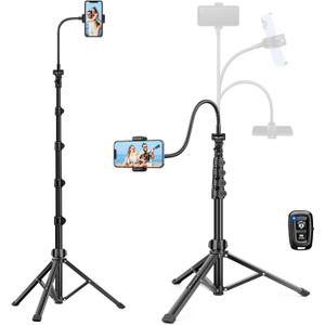 Phone Tripod Stand, 85" Tall Cellphone Tripod for iPhone with Gooseneck Remote, Flexible Portable Phone Stand for Recording, Compatible with iPhone 14 13 12 pro Android Camera (Black)