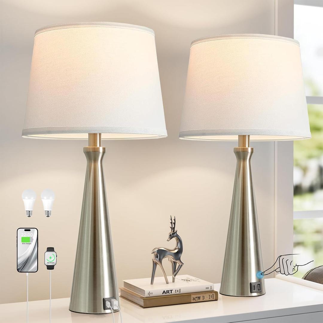 Seealle Modern Table Lamps Set of 2 - Touch Bedside Lamp for Nightstand with USB C+A,3-Way Dimmable Silver Nightstand Lamps for Living Room Bedroom End Table with White Shade(Bulb Included)