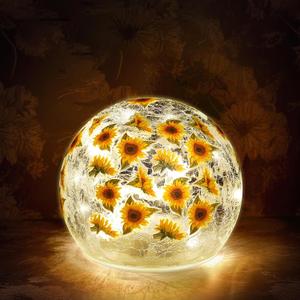1 Pcs Sunflower Glass Lighted Ball Decorative Battery Operated 3.9 Inch Waterproof Floral Crackle LED Night Lights for Garden Globe Orb Lamp for Party Fall Thanksgiving Birthday Gift