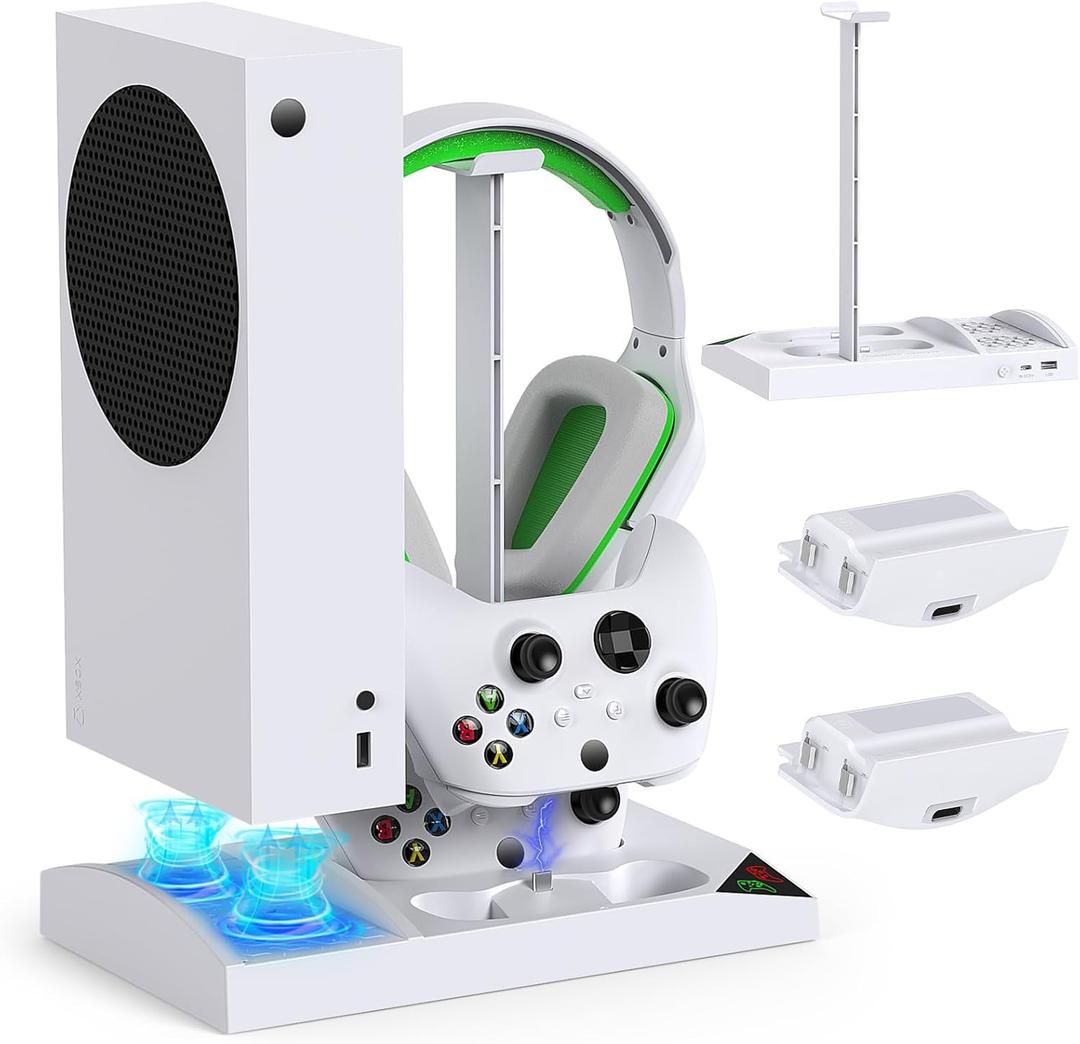 Cooling Fan with Charging Stand for Xbox Series S Console and Controller, Dual Charger Dock Accessories with 2 x 1400mAh Rechargeable Battery and Cover, Headphone Mount for Xbox Series S, White