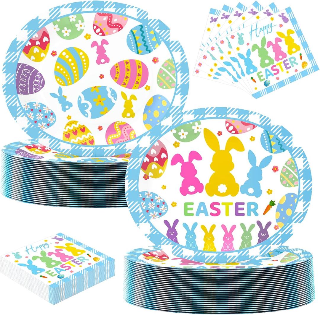 100 Pcs Easter Oval Paper Plates and Napkins Set, 10" x 12" Party Plates,Large Disposable Dinner Plates for Easter Party Supplies