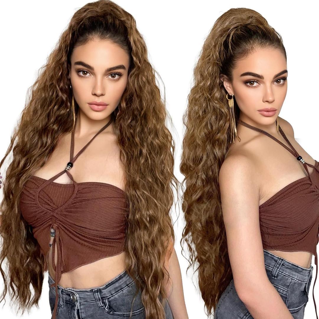 HOOJIH Ponytail Extension, 34 Inch Extra Long Drawstring Ponytail Clip in Pony Tails Hair Extension Flurry Wavy Ponytails Soft Upgraded Synthetic Fiber Fake Ponytail Hairpiece for Women - Mocha Melt