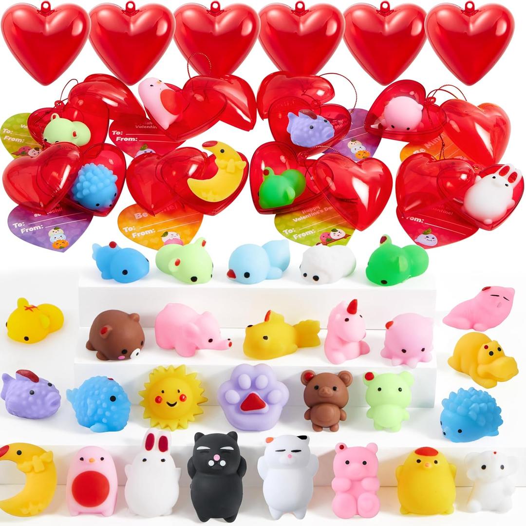JOYIN 28 PCS Mochi Squishy Toys with Valentine Cards and Filled Hearts Party Favors for Kids Valentine Gifts Classroom Exchange, Kawaii Stress Relief Toy for Valentines Day Gift Exchange, Game Prizes