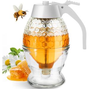 Honey Dispenser, 8oz Honey Dispenser No Drip Glass with Stand, Honey Container & Coffee Syrup Dispenser for Tea Time & Gifting, Elegant Honeycomb Honey Jar - Honey Pot Bottle for Maple Syrup Bee (White)
