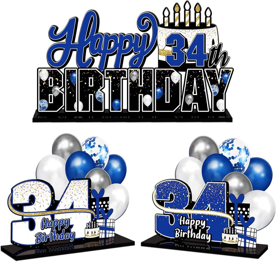 LINGTEER Happy 34th Birthday Blue Acrylic Table Topper Centerpieces Set - Cheers to 34 Years Old Birthday 34th Bday Party Gift Decorations.