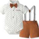 Volunboy Baby Boy Formal Short Set Toddler Summer Gentleman Outfit Kid Short Sleeve Bowtie Shirt Suspender Shorts Suit (12-18 Months, Caramel)