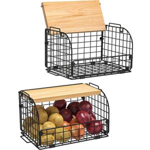 2 Set Stackable Wire Basket with Openable Top, Kitchen Counter, Pantry Organizer and Storage Produce Onion Potato Fruits Vegs Bread Food Snack Spice Organizing Bin for Cabinet Shelf Countertop Floor, 12"D x 9"W x 8.45"H