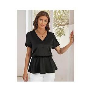 FAIRY CORA Womens Summer Tops Short Sleeve Blouses for Women Business Casual Office V Neck Satin Work Shirts Large