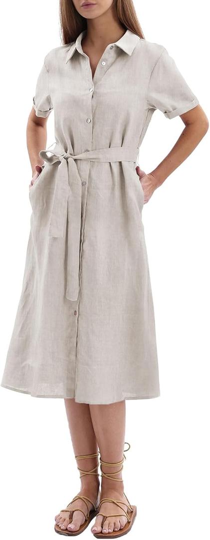 Amazhiyu Womens Pure Linen Dress, Short Sleeve Casual Button Down Linen Dresses, Midi Shirt Dress with Pockets and Removeable Belt, Linen, S