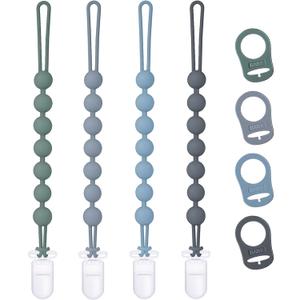 4-Pack Silicone Pacifier Clip with Adapter Ring Fits MAM Dummy, Soft Flexible Binky Holder for Button-Style Maam Dummies, Anti-Loss Paci Clips for Baby Boys, Xmas Gifts Baby Shower Essentials (Gray+Blue+Green+Dark Gray)