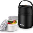 Insulated Food Jar 54oz, 6 Hours Cold Hot Food Lunch Box, Big 2 Tiers Stackable Thermal Containers, Leak-Proof Vacuum Soup Bendo Box Stainless Steel Layers Storage for Adults (Pewter Black)