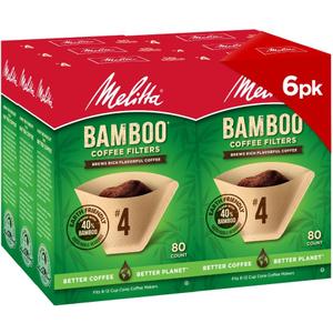 Melitta #4 Cone Coffee Filters, Bamboo, 80 Count (Pack Of 6), 480 Total Filters - Fits all 8-12 Cup Cone Coffee Makers and Pour-Overs, Compostable, Tear-Resistant, Made in USA