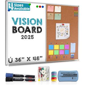 White Board and Cork Board Combo (36x48) Vision Board for 2025 - Half Bulletin Corkboard with Dry Erase Whiteboard Combination for Office or Home, Memo Board