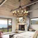 12-Light Wooden Wagon Wheel Chandelier Farmhouse, 31.5'' Black&Cream Colored Chandelier Pendant Light for Living Room, Industrial Rustic Round Wood Chandeliers for Dining Room Entryway Porch
