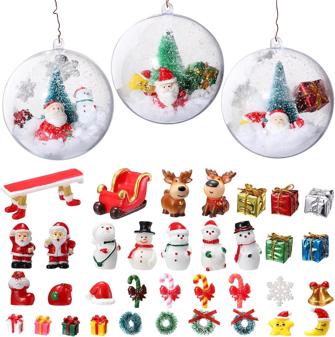 Roowest 62 Pcs Miniature Christmas Figurines for Snow Globe Kit DIY Crafts Mini Resin Ornaments with Trees Reindeer Santa Claus Candy Cane Figurines Items Christmas Village Decorations